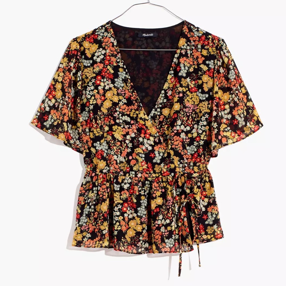 Madewell Short-Sleeve Peplum Wrap Top in Flower Garden